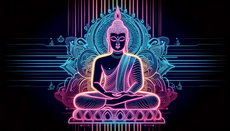 Neon Buddha artwork, Ai generated imageの写真素材