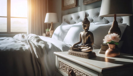 Bedroom Buddha serenity, Ai generated imageの写真素材