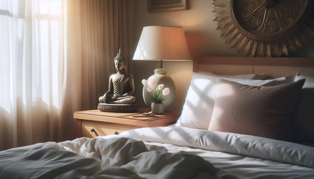 Bedroom Buddha serenity, Ai generated imageの写真素材