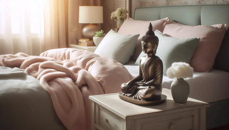 Bedroom Buddha serenity, Ai generated imageの写真素材