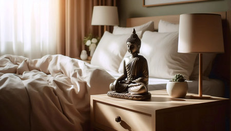 Bedroom Buddha serenity, Ai generated imageの写真素材