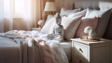 Bedroom Buddha serenity, Ai generated imageの写真素材