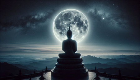 Buddha with moon, Ai generated imageの写真素材