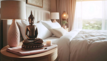 Bedroom Buddha serenity, Ai generated imageの写真素材