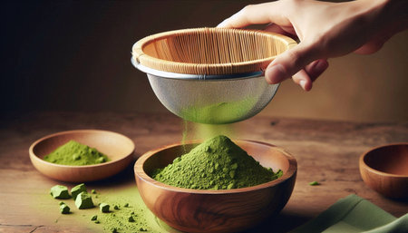 Sifting matcha powderの写真素材