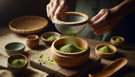Sifting matcha powderの写真素材
