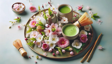 Spring matcha composition, Ai generated imageの写真素材