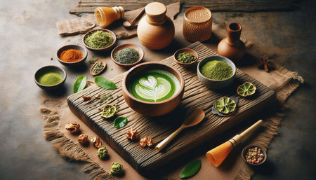 Matcha wooden background, Ai generated imageの写真素材