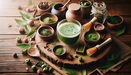 Matcha wooden background, Ai generated imageの写真素材