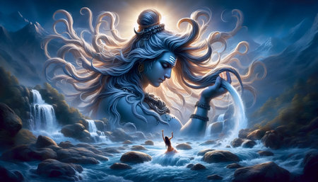A Lord Shiva with river Ganga in his hair, Ai generated imageの写真素材