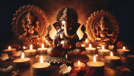 A Lord Ganesha with burning candles, Ai generated image