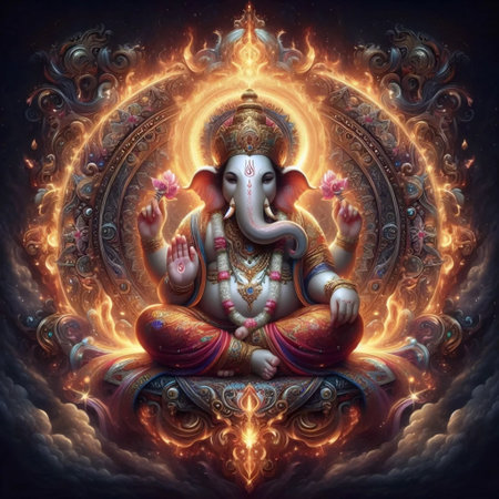 A Lord Ganesha within a circle of fire, Ai generated imageの写真素材