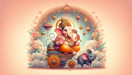 A Lord Ganesha with his mouse vahana, Ai generated imageの写真素材