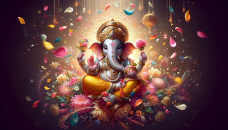 A Lord Ganesha in a shower of petals, Ai generated image