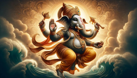 A Lord Ganesha with raised trunk, Ai generated imageの写真素材