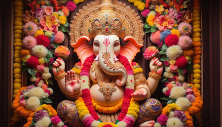 A Lord Ganesha with floral wreaths, Ai generated imageの写真素材