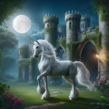 A unicorn in an enchanted castle, Ai generated imageの写真素材