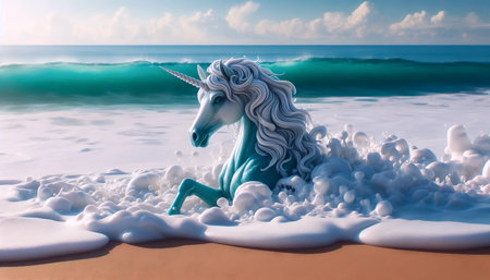 A unicorn in sea foam, Ai generated imageの写真素材