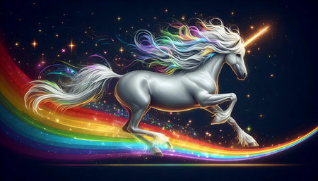 A unicorn with a rainbow trail, Ai generated imageの写真素材