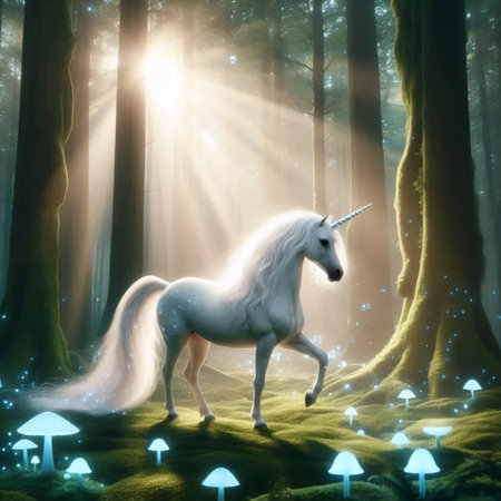 A unicorn in an enchanted forest, Ai generated imageの写真素材