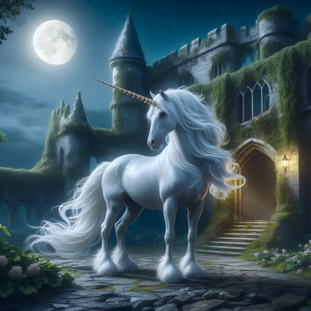 A unicorn in an enchanted castle, Ai generated imageの写真素材