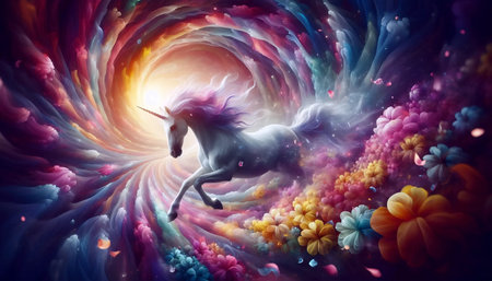 A unicorn in a vortex of petals, Ai generated imageの写真素材
