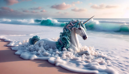 A unicorn in sea foam, Ai generated imageの写真素材