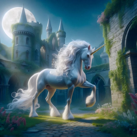 A unicorn in an enchanted castle, Ai generated imageの写真素材