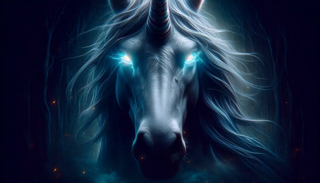 A unicorn with glowing eyes, Ai generated imageの写真素材