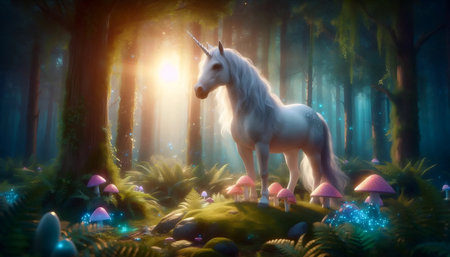 A unicorn in an enchanted forest, Ai generated imageの写真素材
