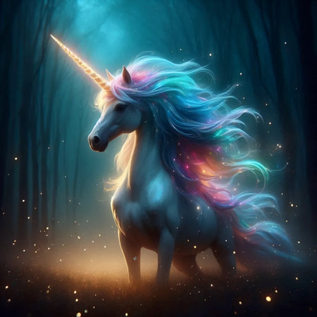 A unicorn with a glowing horn, Ai generated imageの写真素材