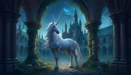 A unicorn in an enchanted castle, Ai generated imageの写真素材