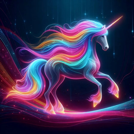 A unicorn in neon colors, Ai generated imageの写真素材