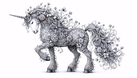 A unicorn with a flowering mane, Ai generated imageの写真素材