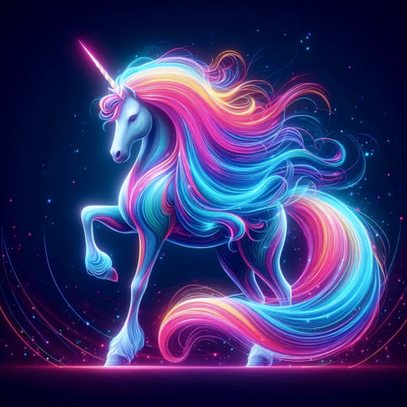 A unicorn in neon colors, Ai generated imageの写真素材