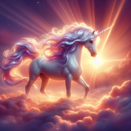 A unicorn in sunset clouds, Ai generated image