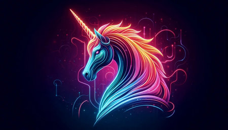 A unicorn in neon colors, Ai generated imageの写真素材