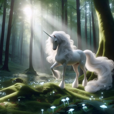 A unicorn in an enchanted forest, Ai generated imageの写真素材