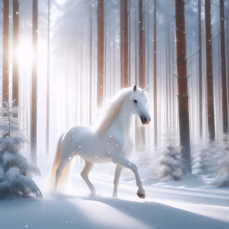 A unicorn in a snowy forest, Ai generated imageの写真素材