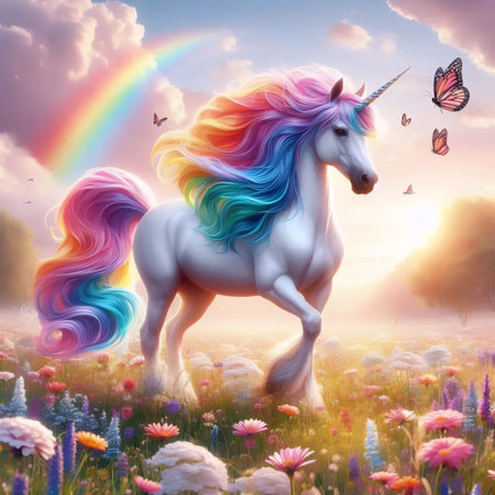 A unicorn with a rainbow mane, Ai generated imageの写真素材