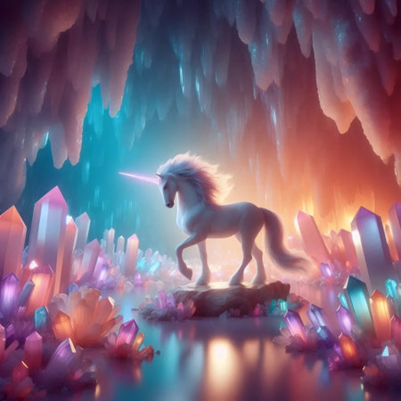 A unicorn with crystals, Ai generated imageの写真素材
