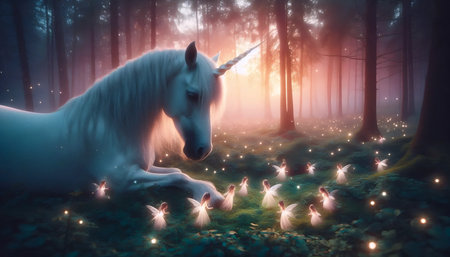 A unicorn with fairies, Ai generated imageの写真素材
