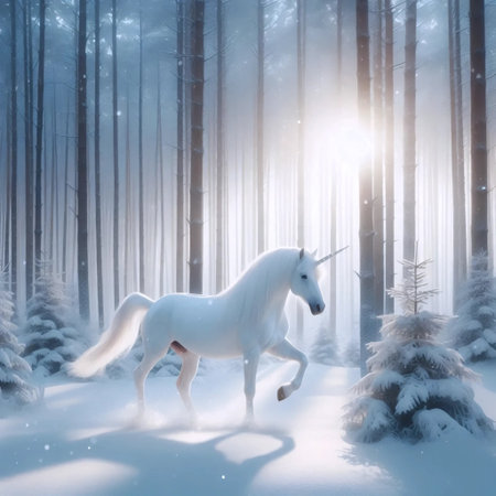 A unicorn in a snowy forest, Ai generated imageの写真素材
