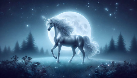 A unicorn in a moonlit night, Ai generated imageの写真素材