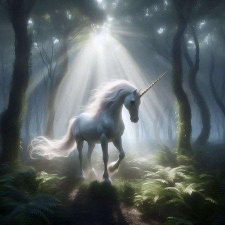 A unicorn in the mist, Ai generated imageの写真素材