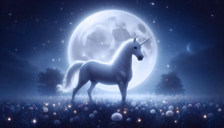 A unicorn in a moonlit night, Ai generated imageの写真素材