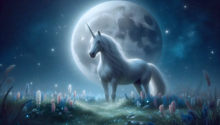 A unicorn in a moonlit night, Ai generated imageの写真素材