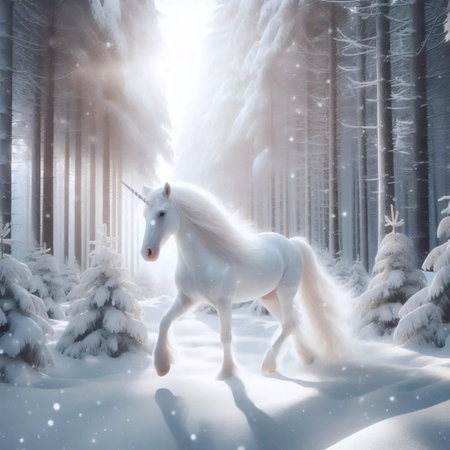 A unicorn in a snowy forest, Ai generated imageの写真素材