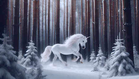A unicorn in a snowy forest, Ai generated imageの写真素材