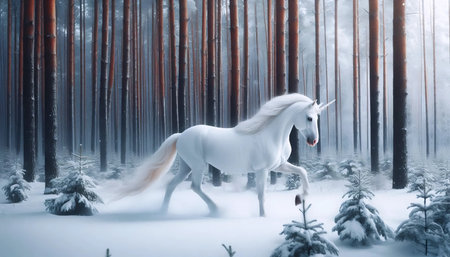 A unicorn in a snowy forest, Ai generated imageの写真素材